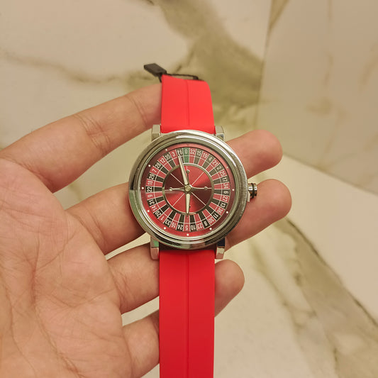 Roulette Dial Watch with Red Silicone Strap